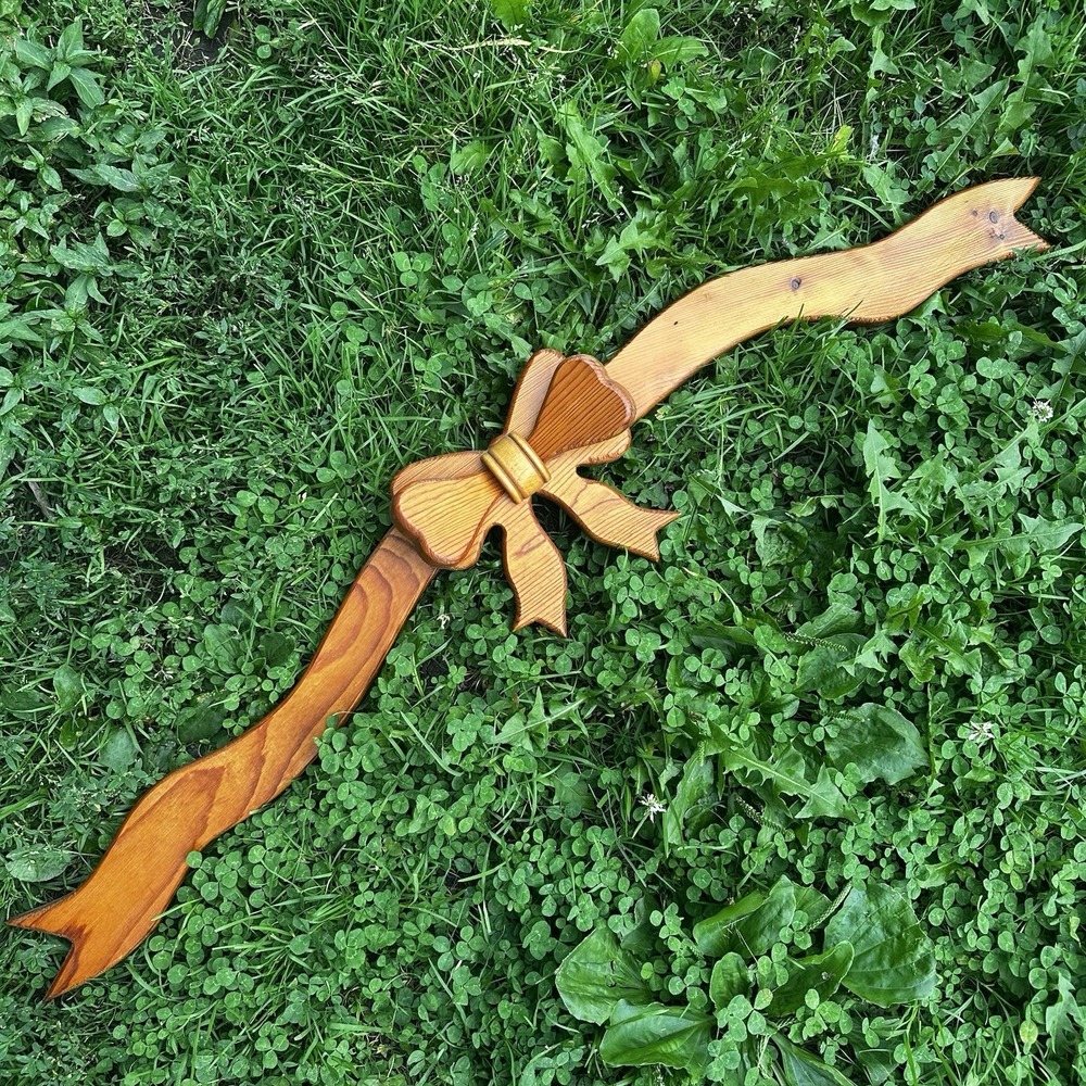 Vintage Cottage Core 36" Long Wood Bow w/ Ribbon Granny Core Wall Hanging Decor